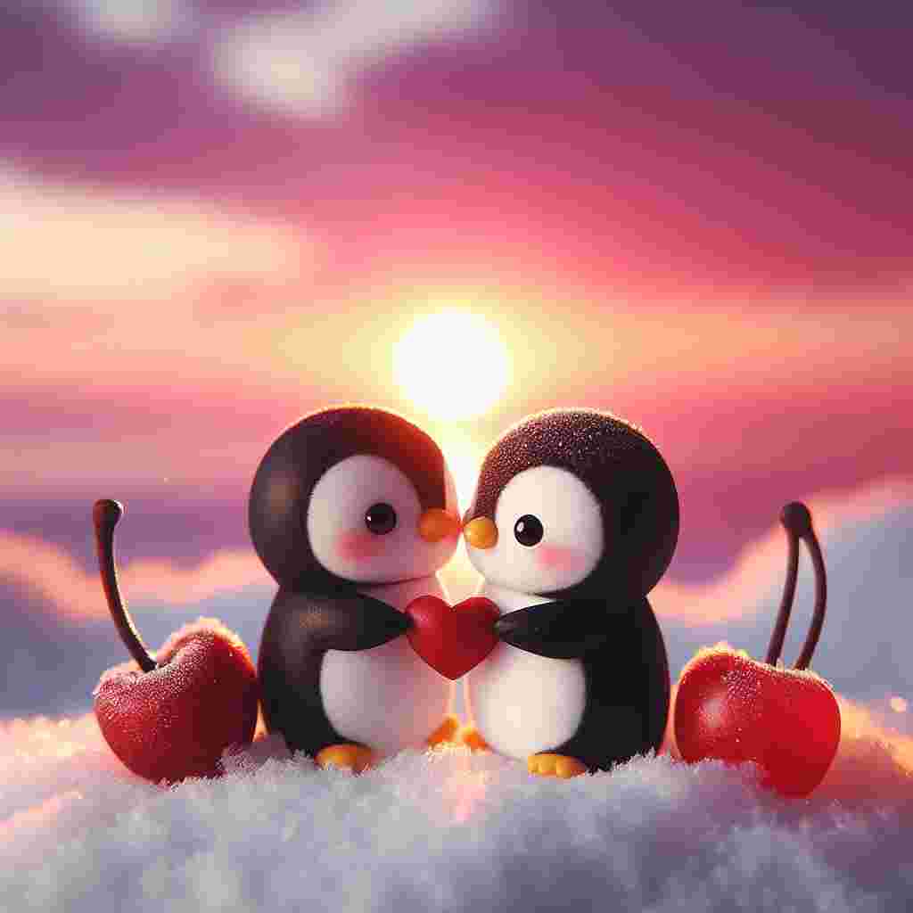 Two adorable penguins illustrated as symbols of love and companionship, share an intimate moment under a glowing sunset sky. The ground around them is a snowy landscape punctuated with out-of-place but visually striking cherries adding a touch of vibrant Valentine's red. The gentle hues of the setting sun cast a tranquil glow, bathing this pairing in the perfection of a serene Valentine's evening.
Generated with these themes: Penguins , Cherries , and Sunset.
Made with ❤️ by AI.