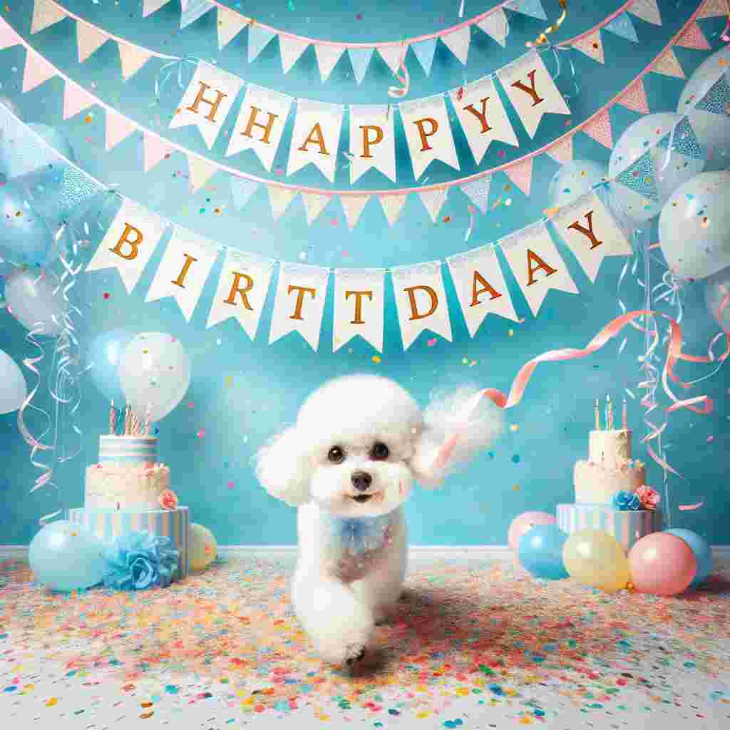 An enchanting birthday setting where a Bichon Frise plays with a string of birthday banners. The dog's fur is dotted with colorful confetti. 'Happy Birthday' is written in a cheerful font, curving above the joyful scene on a sky blue background.
Generated with these themes: Bichon Frise  .
Made with ❤️ by AI.
