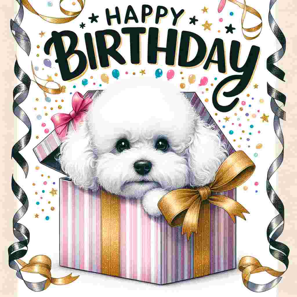 A charming illustration shows a Bichon Frise peeking out of a beautifully wrapped gift box. Party streamers drape in the background and 'Happy Birthday' is scrawled above in fun, festive script, with little stars dotting the 'i's.
Generated with these themes: Bichon Frise  .
Made with ❤️ by AI.
