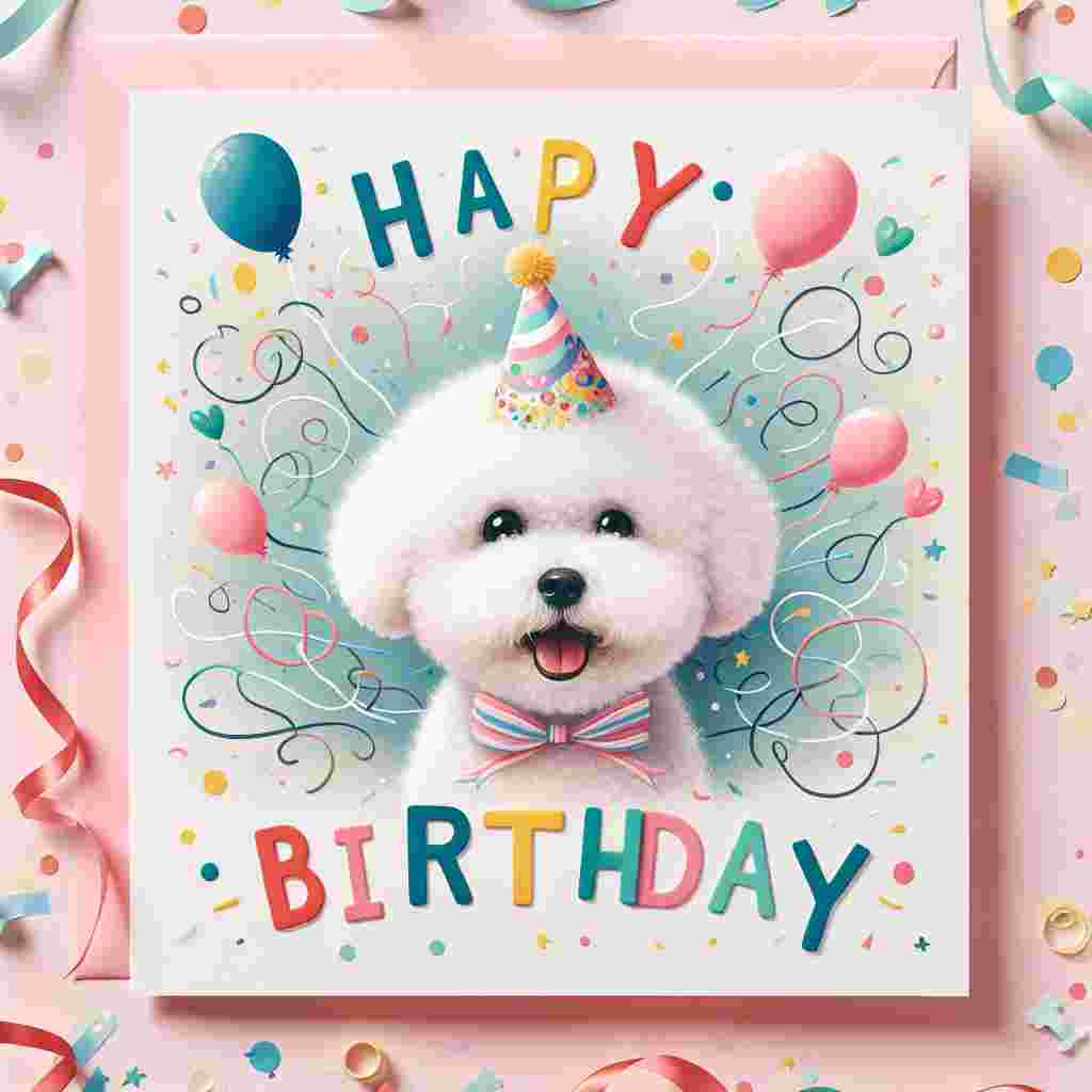 A whimsical birthday card featuring a fluffy Bichon Frise wearing a colorful party hat sits in the center, surrounded by balloons and confetti. Beneath the dog, the words 'Happy Birthday' are written in playful, bold letters against a soft pastel background.
Generated with these themes: Bichon Frise  .
Made with ❤️ by AI.