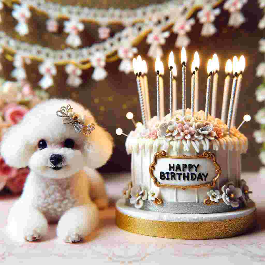 The scene depicts a Bichon Frise with a gentle smile, sitting beside a birthday cake adorned with lit candles. ‘Happy Birthday’ text is festooned with petite flowers and ribbons, matching the garlands hanging in the backdrop.
Generated with these themes: Bichon Frise  .
Made with ❤️ by AI.