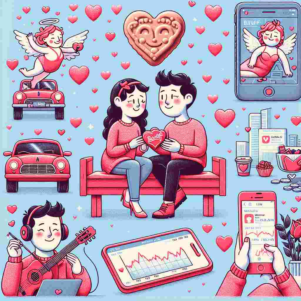 Create a whimsical Valentine's Day illustration that symbolizes the essence of affection with a twist of modern life. Place a loving couple at the center, sharing a Biscoff biscuit, their bond representing a sweet connection. Surround them with bustling activities that merge romance with today's culture. Include a small, heart-adorned car, suggesting couples going on romantic escapades. In contrast to this romantic scenery, portray a serene individual trading stocks on his phone, with his screen showing heart-shaped graphs. Finally, bring the warmth of love to life through a cupid contentedly strumming a guitar, his cherubic cheeks and mischievous grin adding a touch of charm.
Generated with these themes: Biscoff, trading, Uber, playing guitar.
Made with ❤️ by AI.