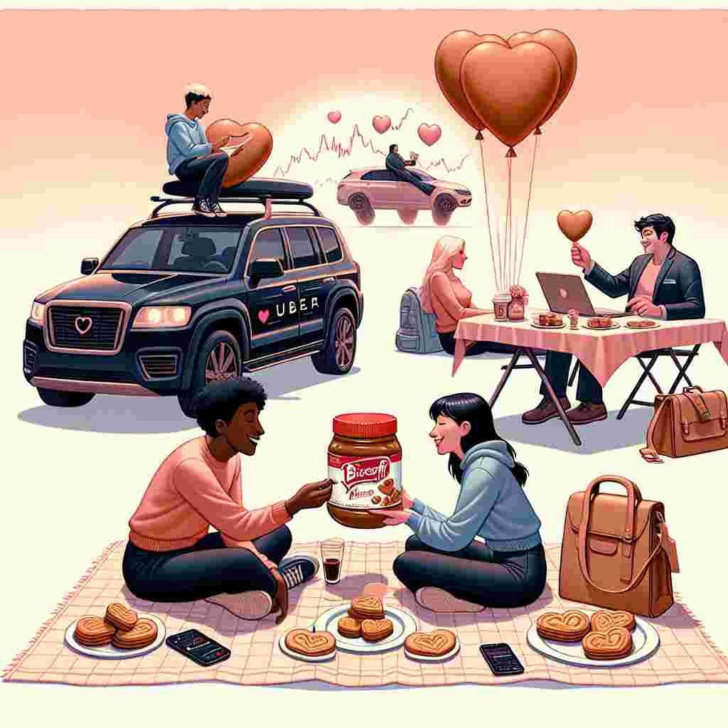 An endearing scene set against a backdrop of soft pastels that speaks to the intimacy and charm of Valentine's Day. A jar of Biscoff spread is a centerpiece on a laid-out picnic blanket, accompanied by two love-struck characters of differing descents. One is Black and the other is Hispanic, they are drawn into each other's eyes as they both reach for heart-shaped cookies. In the background, an Uber like car piques interest with heart balloons tied to its roof symbolizing potential surprise dates in motion. Off to the side, a Caucasian person comfortably engages in stock trading on a mobile app while deftly strumming love ballads on a guitar, painting a perfect picture of a passion-filled pastime.
Generated with these themes: Biscoff, trading, Uber, playing guitar.
Made with ❤️ by AI.