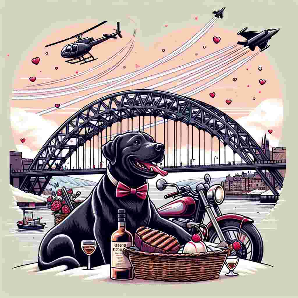 Create a whimsical Valentine's Day illustration featuring a joyful Black Labrador wearing a bow tie, sitting on a motorbike and crossing the Tyne Bridge. The backdrop showcases a romantic snowy mountain range with a sky streaked with the trails from imaginary space fighter jets. In the motorbike's sidecar, there's a basket containing a bottle of whiskey, a grilled steak, and a scoop of vanilla ice cream, indicating a picnic. A helicopter is seen overhead, whimsically scattering heart-shaped snowflakes, contributing to the quirky and eclectic love-themed piece of art.
Generated with these themes: Black Labrador , Tyne bridge, Motorbike, Star Wars, Whiskey, Steak, Helicopter, Snow, Mountains , X wing fighter, and Vanilla ice cream .
Made with ❤️ by AI.