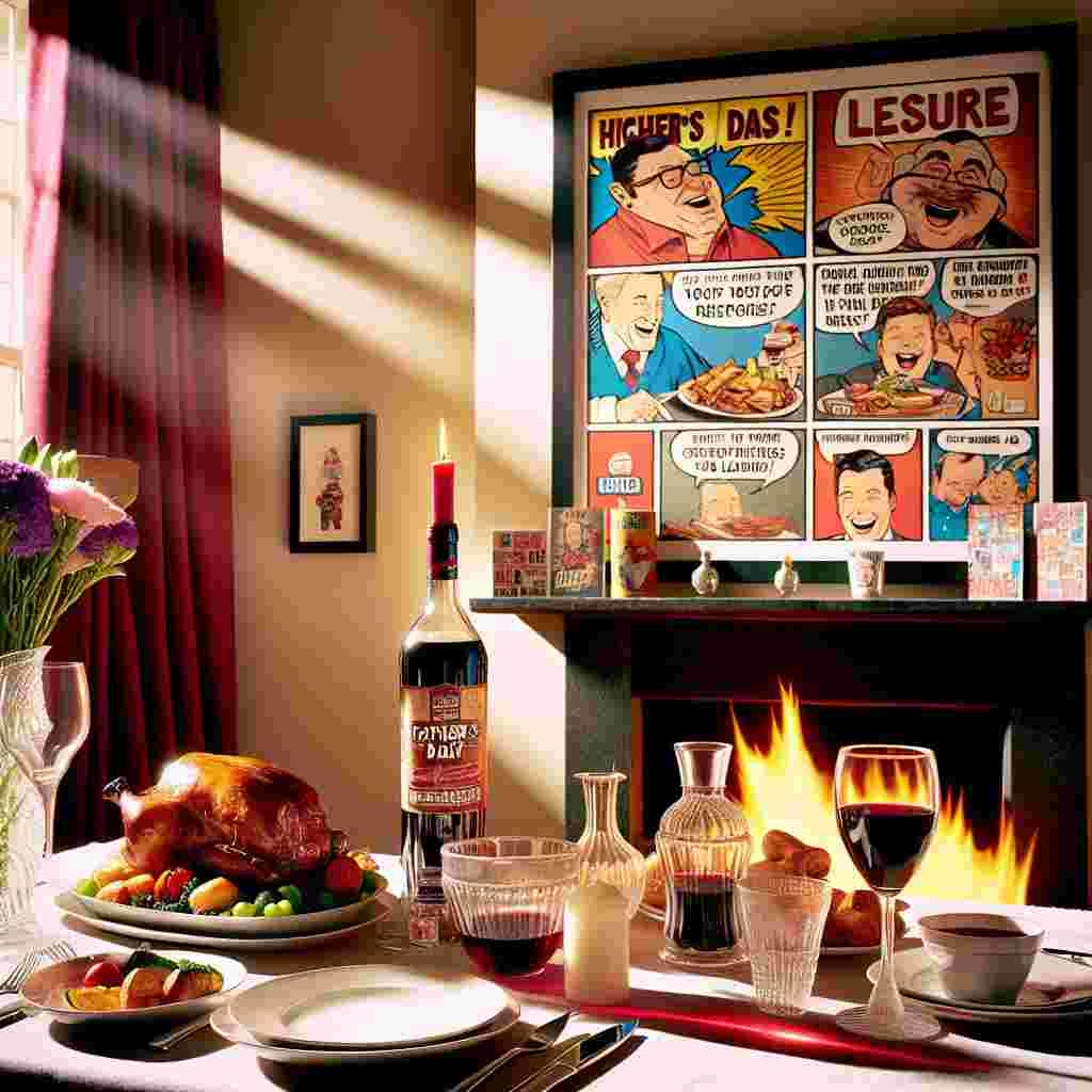 Visualize a highly comfortable and cozy dining room under the warmth of the afternoon sun. The mantle is adorned with an assortment of cheerful, comic-themed Father's Day cards that skillfully jest at typical dad characteristics without illustrating any physical appearances. In the center of the setup, the table is laden with an impeccable arrangement screaming leisure; a mouth-watering Sunday roast being the star attraction, accompanied by all necessary enhancements. An attractive decanter containing a vibrant red wine is placed nearby, its contents illuminating by the sunbeam, promising a robust, comforting sip to pair perfectly with the anticipated laughter and scrumptious food.
Generated with these themes: Red wine , Relaxing , and Sunday roast .
Made with ❤️ by AI.