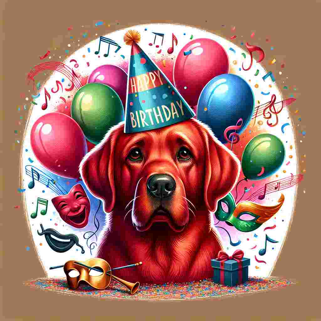 A delightful vector birthday themed illustration displays a Red Labrador taking the spotlight, its fur shimmering with a deep, inviting tone. Encompassing the lovable canine are imaginative musical symbols and theatrical masks, insinuating a musical theater ambiance. Vibrant birthday balloons, scattered confetti, and a festive birthday hat gracing the Labrador's head infuse an unmistakable aura of festivity and cheer.
Generated with these themes: Red labrador, and Musical theatre.
Made with ❤️ by AI.