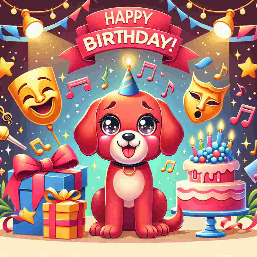 Create an image with a cute vector design suited for a birthday celebration. The main character is an adorable Red Labrador with sparkling eyes, positioned in the middle of an animated musical theatre setting. The surrounding elements should represent both the theatrical and party milieu, including iconic symbols of comedy and tragedy masks. Add a magical touch by sprinkling stardust around the scene. Include typical party paraphernalia such as colourful streamers, a decorative cake glowing with lit candles, and playful music symbols. All these elements should be dancing around the joyful Labrador, creating a vibrant atmosphere that perfectly captures the essence of birthday joy and the charm of theatre.
Generated with these themes: Red labrador, and Musical theatre.
Made with ❤️ by AI.