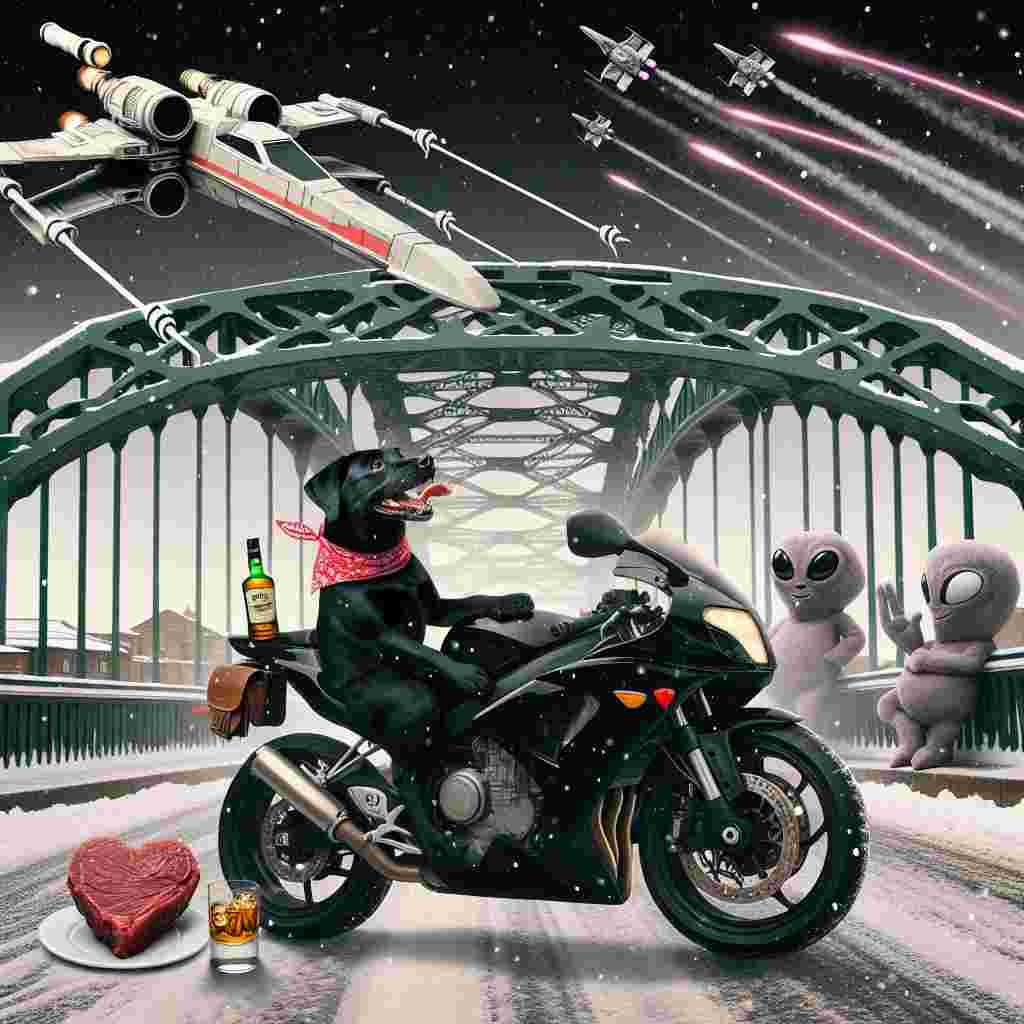 The image captures a whimsical Valentine's Day scene. A joyous Black Labrador, adorned with a bandana, is seen riding a sleek sports motorbike on a snowy Tyne Bridge. Tucked securely in a side holster on the bike is a bottle of whiskey. The snowflakes fluttering down add a romantic touch to the scene. Above, spacecraft resembling X-wing fighters leave behind trails in the shape of hearts adding a strange but festive element. On one side of the bridge, two aliens with intrigued expressions enjoy their ice cream while admiring a prominently displayed heart-shaped steak.
Generated with these themes: Black Labrador riding sports motorbike and drinking whiskey, Tyne bridge, Snow, Heart shape steak, Whiskey, Aliens eating ice cream, and X wing .
Made with ❤️ by AI.
