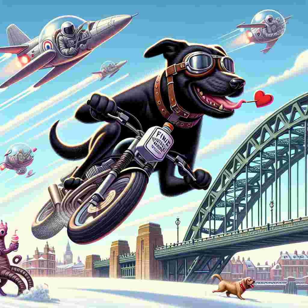 Create a lively illustration for Valentine's Day showcasing a Black Labrador with goggles joyfully riding a sports motorbike along the snow-dusted Tyne Bridge. This energetic dog has a flask of fine vintage drink securely fastened to its bike, enjoying an occasional sip as it races across. Above, futuristic aircrafts perform loops, leaving behind heart-shaped smoke, infusing amusement into the scene. In the foreground, extraterrestrial creatures, nonchalantly feasting on ice cream cones even in the cold, are riveted by the heart-shaped steak placed thoughtfully in the middle, signifying the blend of love and adventure.
Generated with these themes: Black Labrador riding sports motorbike and drinking whiskey, Tyne bridge, Snow, Heart shape steak, Whiskey, Aliens eating ice cream, and X wing .
Made with ❤️ by AI.