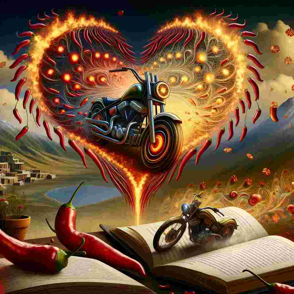 Visualize a Valentine's Day card transcending the boundaries of realism. The central design features a heart-shaped motorbike, exhibiting dream-like qualities. The engine reverberates with energy, and its wheels are astoundingly transformed into a sequence of glowing red chillis and intricate golden curry swirls. This peculiar bike is not simply a vehicle but a symbol for a voyage into fiery experiences yet to come. Surrounding the scene, pages from books take flight and flutter like kaleidoscopic butterflies. Each page vibrates with stories of far-off lands and courageous adventures, an open invitation for lovers to envision joint travels and thrilling quests. The background mirrors the feeling of romance and the fantastic with a landscape marked by surreal hues of love.
Generated with these themes: Motorbikes chillis curry travel adventure reading.
Made with ❤️ by AI.
