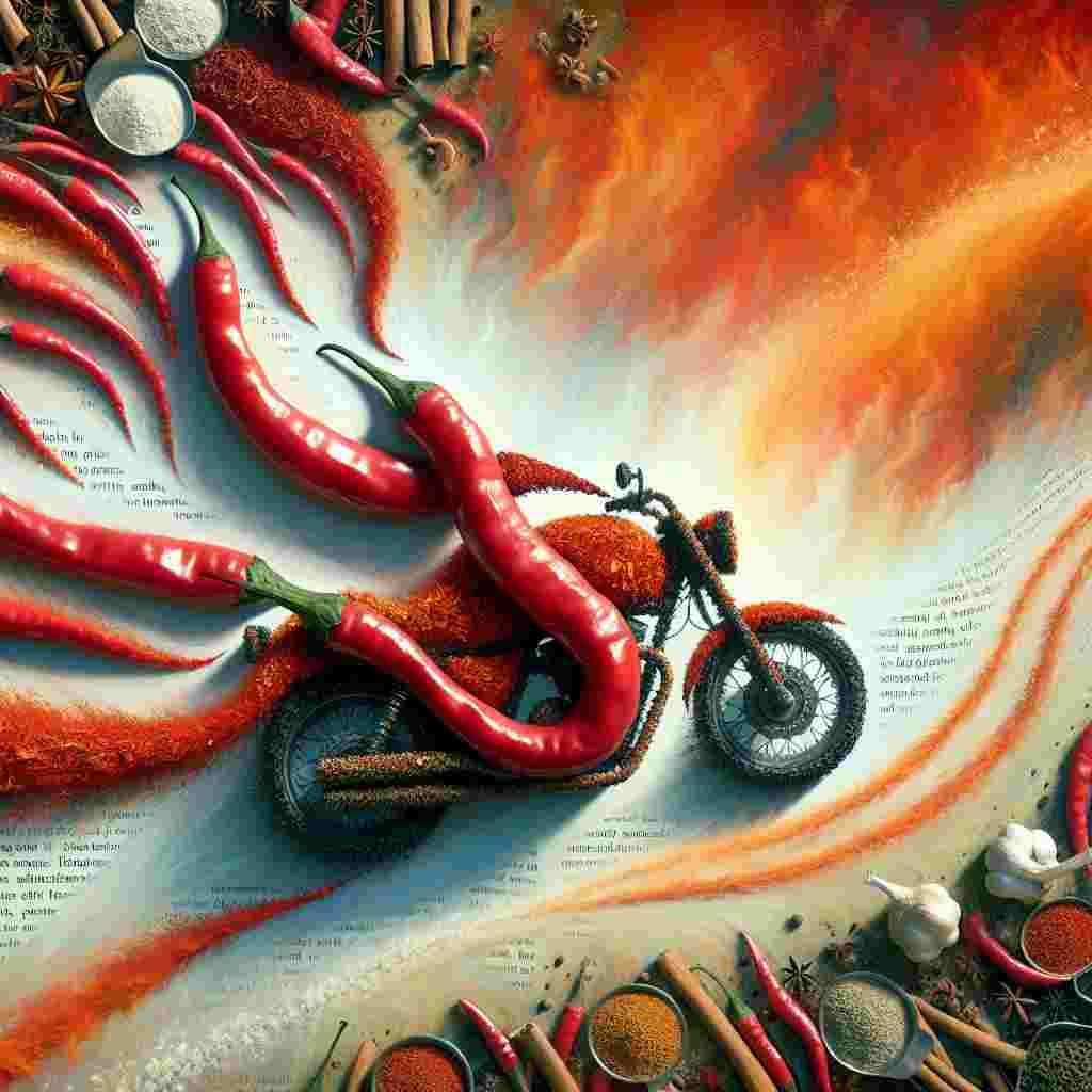 In an abstract and surrealist representation of Valentine's Day, envision two intertwined motorbikes, their forms crafted from red hot chili peppers. These fiery motorcycles race across a canvas permeated with wide, aromatic strokes from assorted curry spices. Their ethereal road trip navigates them through pages of epic love stories and thrilling adventure novels. Mildly visible words, trails of exotic spices and scents follow their journey, wafting upwards to form a whimsical backdrop. This unconventional setting serves as a romantic symbol for couples who jointly cherish vehicular thrill and immersive literature, signifying a fusion of love's fiery intensity and the limitless odyssey of reading and exploration.
Generated with these themes: Motorbikes chillis curry travel adventure reading.
Made with ❤️ by AI.