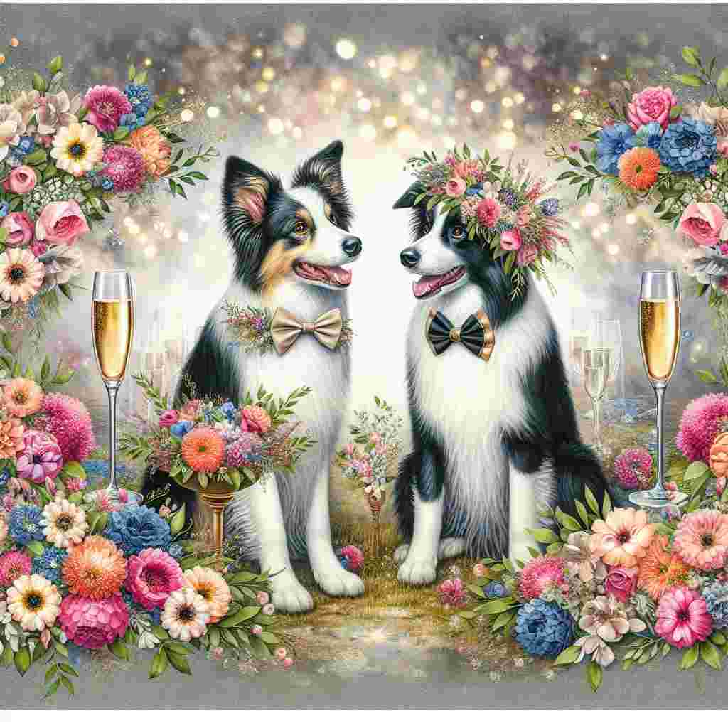 Create an image of a whimsical wedding scene. Two adorable border collies are the stars of this artwork, one of them is wearing a classy bow tie while the other one is adorned with a beautiful floral garland. They share a loving gaze that embodies the romantic spirit of the occasion. Surrounding them is a lush assortment of brightly-colored flowers creating a captivating floral border. Embedded subtly in the scenery behind, are illustrations of champagne glasses reflecting light, contributing to the celebratory ambiance of the wedding theme.
Generated with these themes: Border collie, Champagne, and Pretty flowers.
Made with ❤️ by AI.