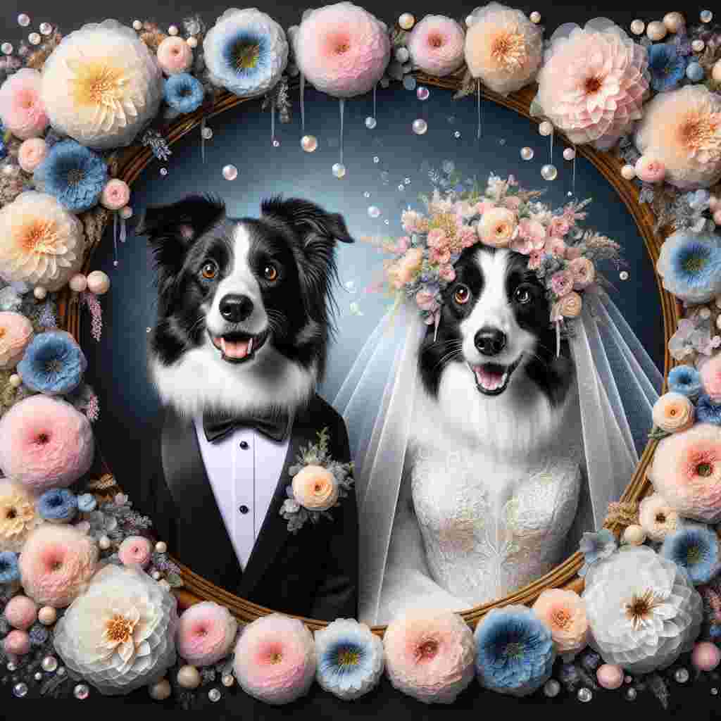 Create an alluring image showcasing marital happiness, featuring two border collies as the main subject. One dog is adorned in a petite, crisp tuxedo and the other is dressed in an ethereal bridal veil. They are positioned at the center of the composition, ensconced by a plenitude of enchanting pastel-colored blossoms that garnish the frame and enhance the tableau. Tiny bubbles of striking hues in the backdrop mimic the unmistakable clink of champagne flutes in delicate toast to the duo's prospective journey.
Generated with these themes: Border collie, Champagne, and Pretty flowers.
Made with ❤️ by AI.