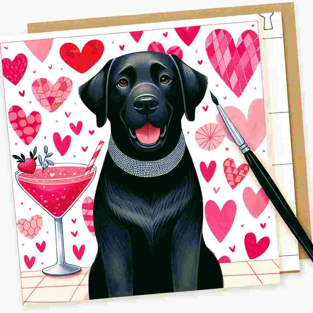 Create a charming Valentine's Day illustration with a black Labrador. The dog has a rosy-cheeked grin and is wearing a disco-inspired sparkly collar. The Labrador is seated against a backdrop of a pattern featuring heart-shaped soccer balls, creating a whimsical ambiance reminiscent of a disco dancefloor. In one corner of the image, there is a small table with a flirty cocktail that features heart adornments. This cheerful and engaging scenario sets the mood for a playful and loving celebration.
Generated with these themes: Black Labrador , Soccer , Disco, and Cocktail.
Made with ❤️ by AI.