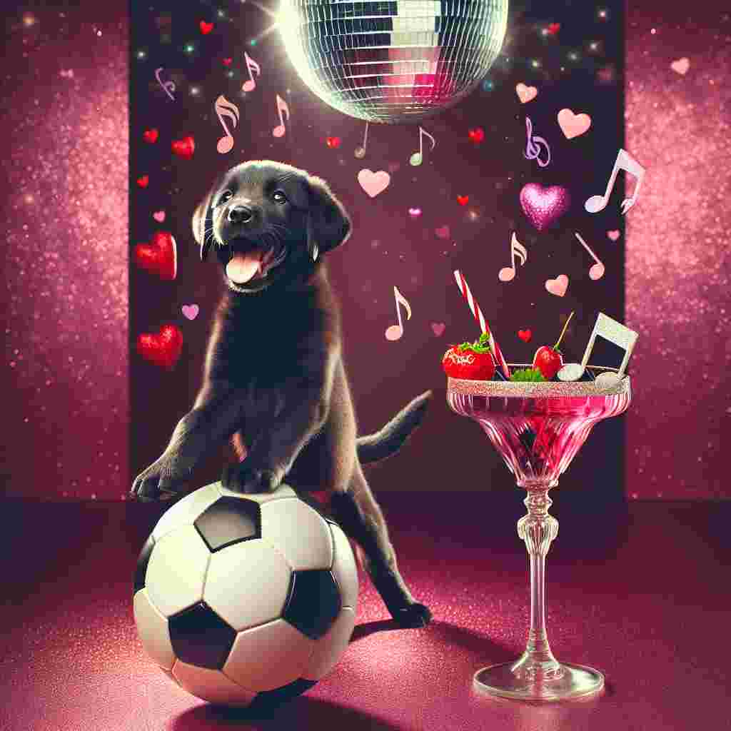 Create a heartwarming Valentine's Day scene centered around a joyful black Labrador in mid-dance. The Labrador stands under a glittering disco ball, a soccer ball resting at its paws, indicating its fondness for the sport. The air around the pup is alive with floating hearts and musical notes, expressing the lively ambience of disco music. Off to the side, an elegantly designed cocktail glass, adorned with a heart-shaped garnish, adds a slice of romantic festiveness to the happy depiction.
Generated with these themes: Black Labrador , Soccer , Disco, and Cocktail.
Made with ❤️ by AI.