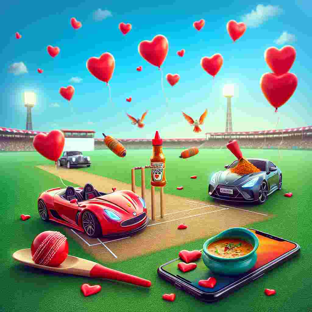 Depict an enchanting Valentine's Day scene with two animated sports cars, decorated with hearts, playfully engaging on a cricket pitch. Show them briefly pausing to watch a match where the cricket ball is humorously replaced by a hot sauce bottle, inducing laughter. A mobile phone is present on the fresh green turf, streaming a romantic Indian cinema song providing the ambiance. Nearby, there's a steaming pot of curry, its aroma wafting through the air hinting towards a blend of love and spice. For a final touch, show a fluttering flag merging with heart-shaped balloons levitating into the cerulean sky overhead.
Generated with these themes: Hot sauce , Cars, Cricket, Mobile phone, Curry, and Pakistan.
Made with ❤️ by AI.