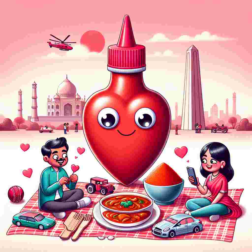 Create a charming Valentine's Day illustration that features a heart-shaped hot sauce bottle with endearing googly eyes at the center. This bottle sits atop a romantic picnic blanket decorated with tiny cars and cricket gear, suggesting a playful romantic date. Next to it, a South Asian cartoon couple, a man and a woman, partake in a spicy bowl of curry, coy smiles exchanged over a mobile phone that displays a sentimental love message. In the backdrop of this scene, subtly incorporate national monuments that evoke feelings of unity and patriotism, all blending beautifully with the holiday's signature pink and red colours.
Generated with these themes: Hot sauce , Cars, Cricket, Mobile phone, Curry, and Pakistan.
Made with ❤️ by AI.