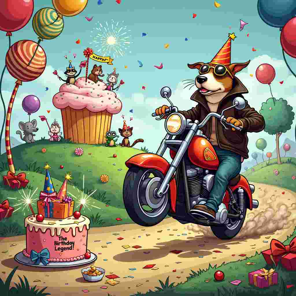 Picture a zany, bustling cartoon world where a wild birthday party is in full swing. At the center of the scene is a mischievous, grinning dog wearing a leather jacket, aviator goggles, and a party hat, riding a bright red, vintage motorbike that’s festooned with colorful balloons and streamers. The motorbike, a classic chopper with exaggerated, chrome details and flames painted on its sides, is doing a wheelie, kicking up dust and confetti.

The backdrop is a vibrant, imaginative landscape with quirky elements—a hill shaped like a giant cupcake with frosting and a cherry on top, and trees that are actually giant lollipops in swirling rainbow colors. On the cupcake hill, a group of animals in party hats—think a raccoon with a noisemaker, a rabbit with oversized glasses, and a turtle with a birthday sash—are cheering and waving flags that spell out “Happy Birthday!”

In the foreground, a cartoonish mailbox with exaggerated, anthropomorphic features—big eyes, a wide grin, and arms—is holding a giant birthday card addressed to "The Birthday Legend!" with stars and sparkles shooting out from it. Nearby, a trail of confetti forms the path the motorbike has taken, weaving around a table loaded with a cartoonishly large birthday cake adorned with sparklers and surrounded by wrapped presents with comically oversized bows.

Above the entire scene, a sky filled with whimsical clouds shaped like different animals—an elephant, a dragon, and a fish—is peppered with fireworks exploding into the shapes of hearts and smiley faces. Birds with tiny party hats and streamers in their beaks are flying around, adding to the chaotic joy of the scene.

To the left, a classic comic strip panel inspired by Charles Schulz’s Peanuts style is integrated into the scenery, showing a short, humorous conversation between a cat wearing a birthday crown and a squirrel holding a cupcake, commenting on the dog’s wild ride.

This cartoon birthday scene is a vivid, lively, and humorous portrayal that integrates the motorbike theme seamlessly into a whimsical, birthday celebration extravaganza.
Generated with these themes: Motorbike.
Made with ❤️ by AI.