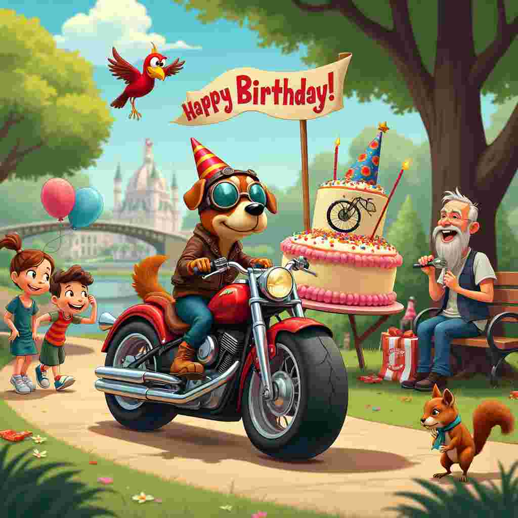 The scene is set in a whimsical, bustling city park, brimming with quirky characters and vibrant energy. Front and center, a comically oversized motorbike, decked out in birthday decorations—balloons, streamers, and even a tiny birthday hat perched on its handlebars—takes the spotlight. The motorbike is an exaggerated, cartoonish version with enormous wheels and chrome details that glisten under the bright sun.

Riding this eccentric motorbike is a mischievous dog wearing aviator goggles and a leather jacket, clearly channeling his inner "Easy Rider." The dog has a wide, playful grin and a wagging tail that trails behind him like a pennant flag. The sidecar, equally festooned with party decor, carries a large, colorful birthday cake, teetering precariously but somehow staying intact. The cake is adorned with layers of frosting, sprinkles, and an assortment of whimsical candles shaped like tiny motorbikes.

In the background, the park is alive with animated characters engaging in birthday festivities. To the left, a group of children are gathered around a picnic blanket, playing a game of "pin the tail on the motorbike" with a large poster of a cartoon motorbike missing its tailpipe. Their laughter is evident in the exaggerated movements and wide-open mouths, reminiscent of Charles Schulz’s Peanuts.

To the right, an elderly man, clearly a retired biker with a long white beard and a tattoo of a motorbike on his arm, is playing the harmonica while leaning against a park bench. Beside him, a squirrel is cheekily trying to steal a piece of cake, standing on its hind legs with a tiny birthday hat askew on its head.

Above the whole scene, a large, friendly-looking bird (a nod to Disney's classic style) is flying with a banner in its beak that reads "Happy Birthday!" in big, bold letters. The bird's wings are spread wide, and it’s wearing a tiny scarf that flutters in the wind.

Off in the distance, you can see a winding path leading to a whimsical carousel where instead of horses, the seats are mini motorbikes, each one ridden by a different cartoon animal—rabbits, foxes, and even a turtle with a racing helmet. 

The sky is a brilliant blue, with fluffy clouds shaped like various birthday items—cupcakes, presents, and balloons—adding an extra touch of whimsy to the scene. The entire park is encased in a bubble of joy and celebration, with every element of the scene meticulously crafted to tell a quirky, delightful birthday story infused with motorbike madness.
Generated with these themes: Motorbike.
Made with ❤️ by AI.