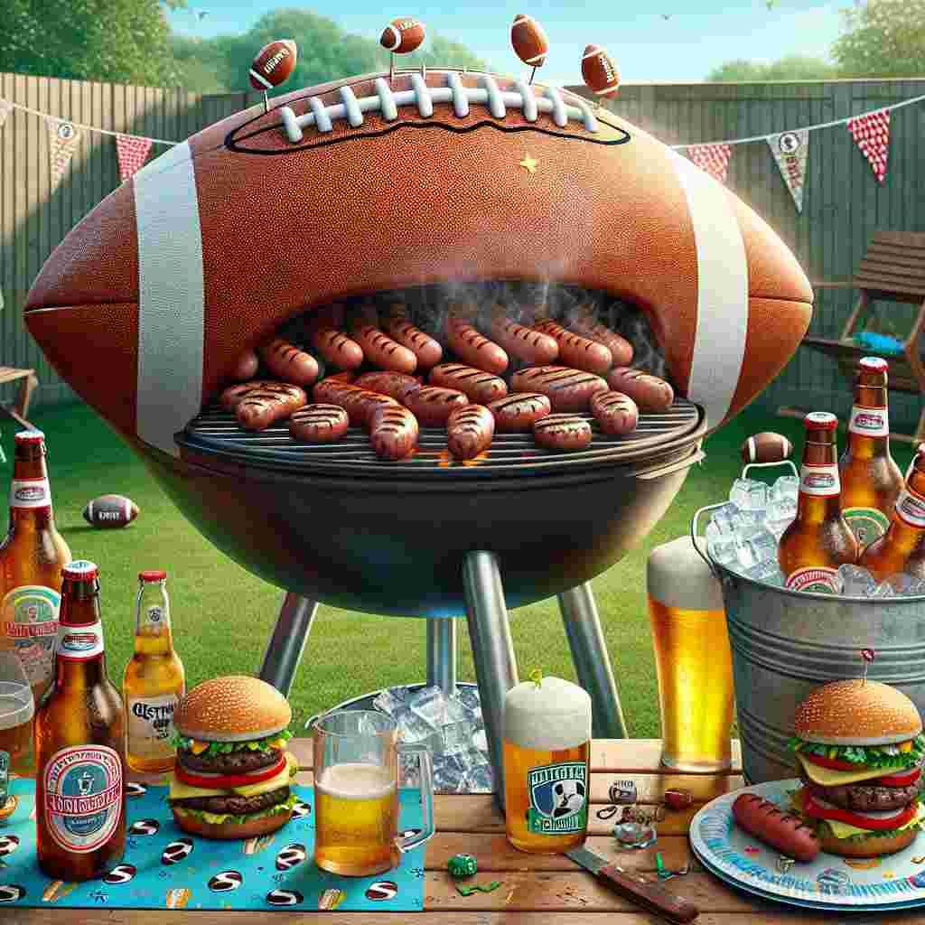 Create a humorous Father's Day-themed illustration set in a backyard BBQ scene. The grill is shaped like a massive football, sizzling with an assortment of sausages and burgers. Near the grill is an overflowing ice bucket, filled with bottles of beer, each with a comical label featuring a football logo. The setting is further decorated with colorful paper cups and plates, a tablecloth patterned with small footballs and cheers for Dad. A large, inflatable football is strategically placed, suggesting an impromptu kickabout. This image serves as a jovial and festive tribute to Father's Day.
Generated with these themes: Beer football.
Made with ❤️ by AI.