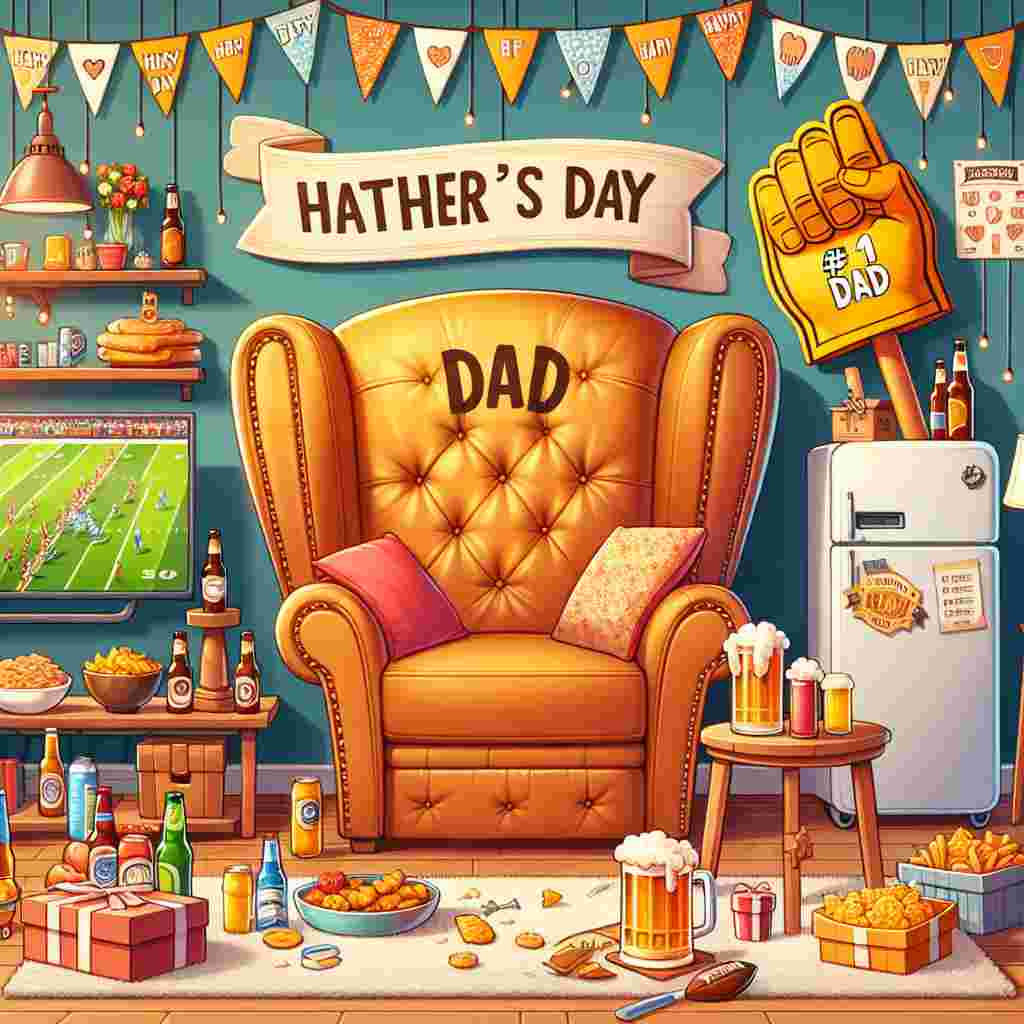 Create a warm illustration set on Father's Day, featuring a vibrant living room where an overstuffed armchair dominates the center, inscribed with 'Dad's Throne' on its backrest. The room exudes joyous vibes from a day catering to Dad, featuring a tiny refrigerator chock-full of diverse beer types, a coffee table strewn with an array of snacks, and a sizable foam hand directed towards a television displaying an engrossing football match. Cheerful decorations dangle from the ceiling and homemade banners lovingly crafted with the messages 'Happy Father's Day' and '#1 Dad' adorn the walls.
Generated with these themes: Beer football.
Made with ❤️ by AI.