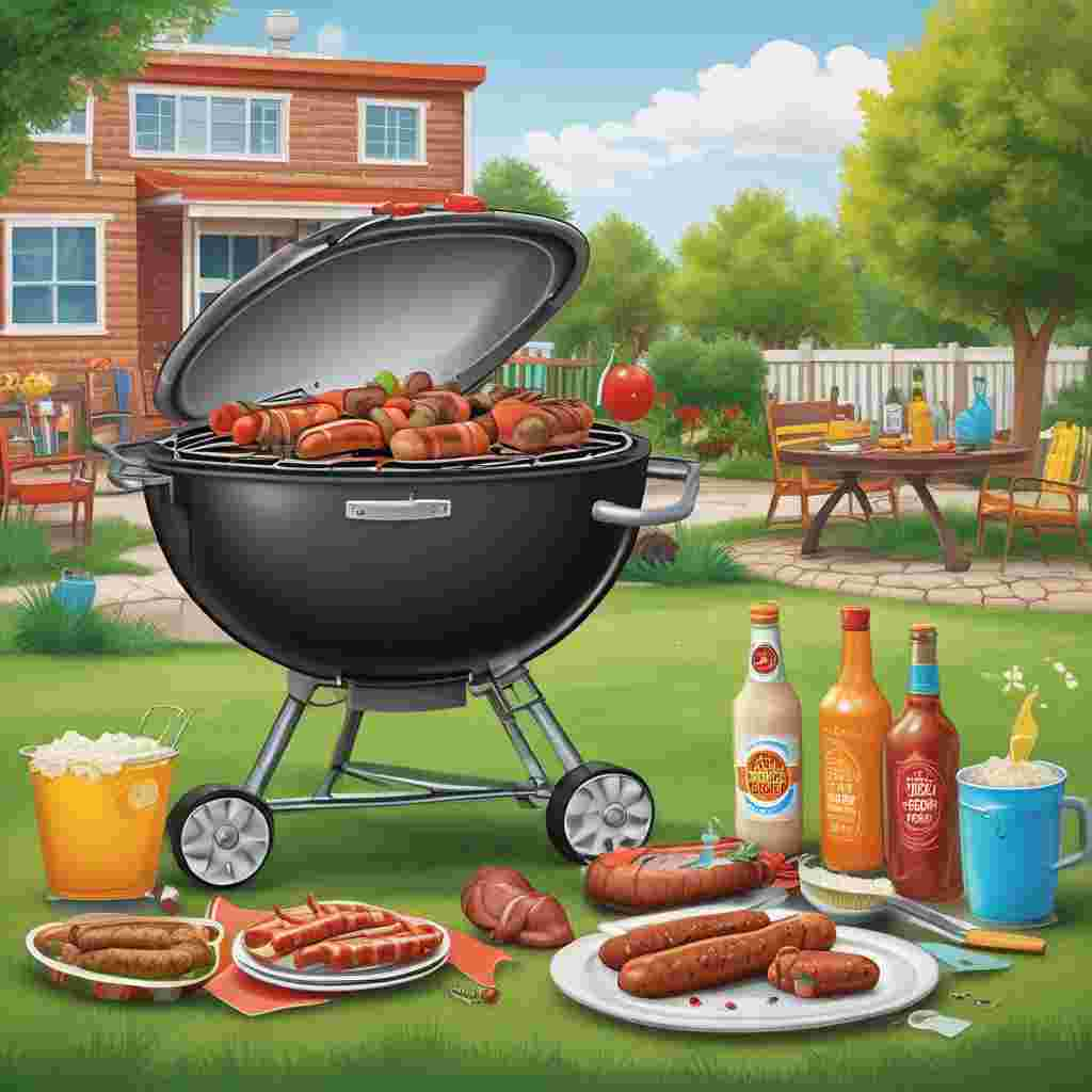 Illustration Funny, Create a humorous Father's Day-themed illustration set in a backyard BBQ scene. The grill is shaped like a massive football, sizzling with an assortment of sausages and burgers. Near the grill is an overflowing ice bucket, filled with bottles of beer, each with a comical label featuring a football logo. The setting is further decorated with colorful paper cups and plates, a tablecloth patterned with small footballs and cheers for Dad. A large, inflatable football is strategically placed, suggesting an impromptu kickabout. This image serves as a jovial and festive tribute to Father's Day.
Generated with these themes: Beer football.
Made with ❤️ by AI.