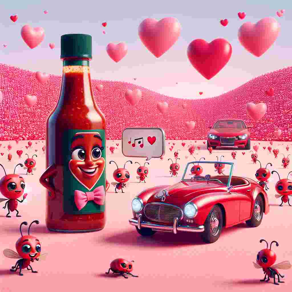 In this delightful and whimsical Valentine's Day illustration, you'll witness the alluring yet gentle landscape filled with countless pink hearts as backdrop. Playfully positioned in the middle, there is an irresistibly charming bottle of hot sauce donning an endearing bowtie and sharing a flirtatious glance with a sleek, shiny red convertible car that is wearing a bashful smile. To augment the joyful scenery, an assembly of adorable cricket characters add a musical ambiance by performing heartfelt serenades. Meanwhile, miniature smartphones drift above them, their screens showcasing a lively array of sweet, affectionate text messages paired with an assortment of heart-shaped emojis.
Generated with these themes: Hot sauce, Cars, Cricket, and Phone.
Made with ❤️ by AI.
