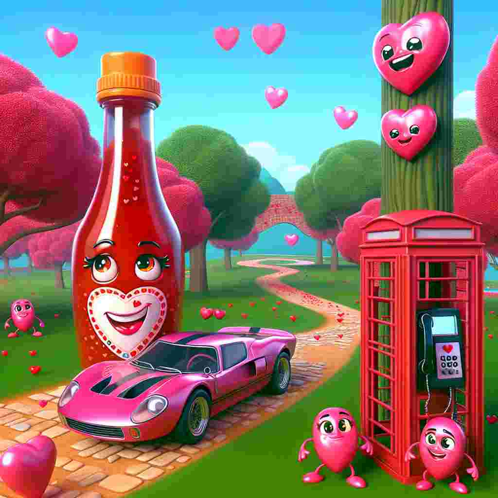 Create a captivating image showcasing a charming Valentine's Day setting. Depict a whimsically cartoon-style hot sauce bottle ornamented with small hearts, casting affectionate glances toward a vibrant pink, animated sports car in an idyllic park environment. Make the trees in this park emit a lovely aura with their heart-shaped formations. Add life to the whole scene by showing a group of exuberant crickets, of mixed genders and various descents such as Caucasian, Hispanic, and South Asian, immersed in a spirited game of cricket. Also, illustrate a retro-style phone booth situated on one side, housing traditional rotary phones that metaphorically ring with passionate poems and love declarations.
Generated with these themes: Hot sauce, Cars, Cricket, and Phone.
Made with ❤️ by AI.