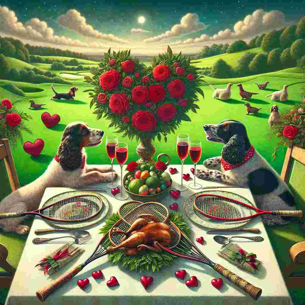 Visualize a warm and comfy Valentine's Day scene situated in a green landscape reminiscent of a verdant golf course. Cavorting about the brilliant green are spaniels, their necks graced with heart-shaped collars. The focal point of this enchanting locale is a meticulously set table meant for two individuals. A centerpiece graces the table, consisting of squash racquets interlocked over a vibrant bouquet of crimson roses, which signifies their mutual admiration for the sport. To add a rustic charm to their romantic dinner, a dish of roasted pheasant is present. Above them, the sky sparkles with a multitude of twinkling stars.
Generated with these themes: Squash racket, Spaniels, Golf, and Pheasant .
Made with ❤️ by AI.