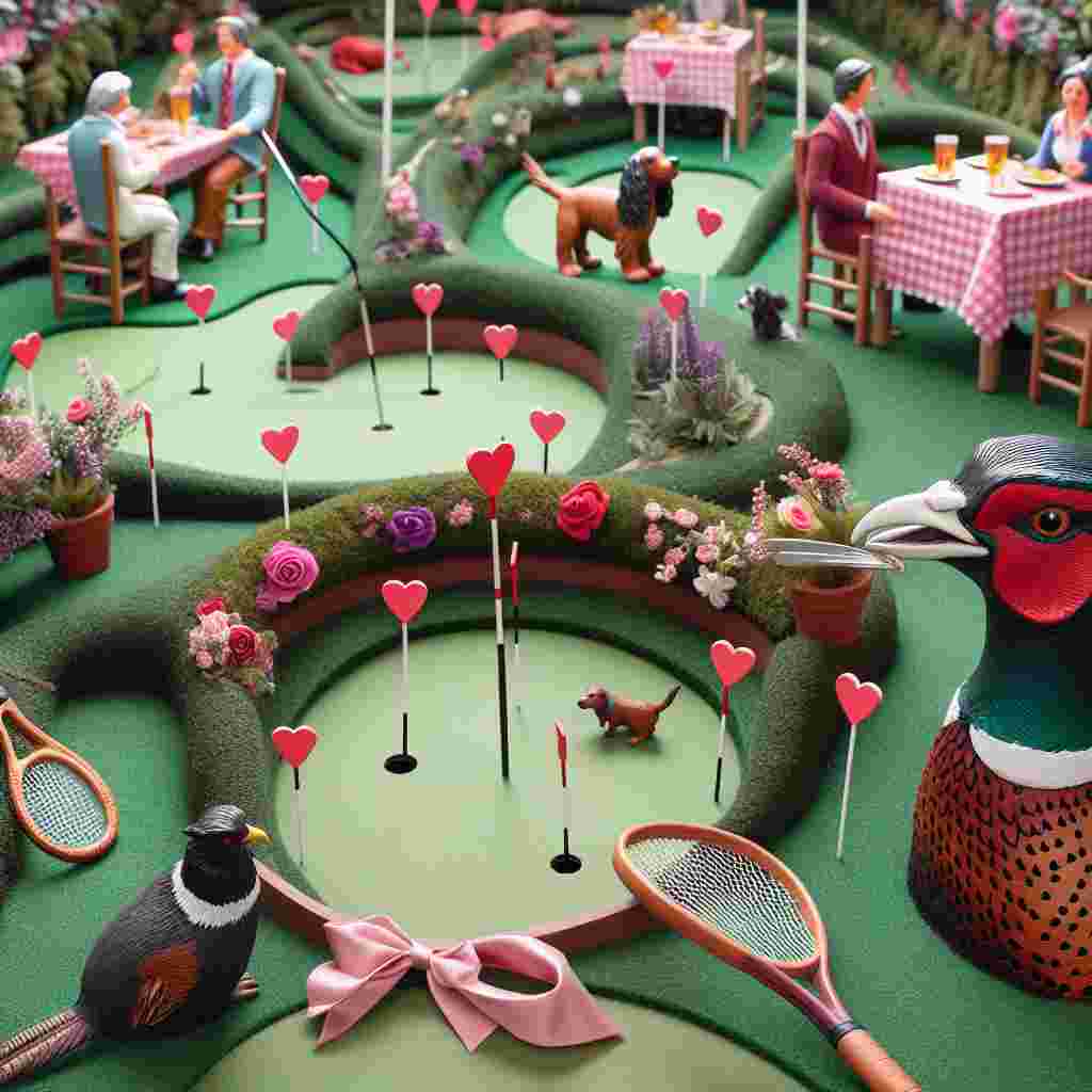 Imagine a charming Valentine's Day scenario set in a miniature golf course. Marvel at the playful obstacles designed as spaniels, their mouths amusingly holding squash rackets. A beautifully realistic pheasant oversees the course, watching couples of various descents and genders pass by, their laughter filling the air, embodying both a spirit of rivalry and romance. Each hole is distinguished by petite flags in the shape of hearts. By the final hole, a table unexpectedly appears, filled with a festive Valentine's Day banquet. The table is adorned with a bow made from a squash racket, alongside a sprig of pheasant feathers nestling within a vibrant floral centerpieces.
Generated with these themes: Squash racket, Spaniels, Golf, and Pheasant .
Made with ❤️ by AI.