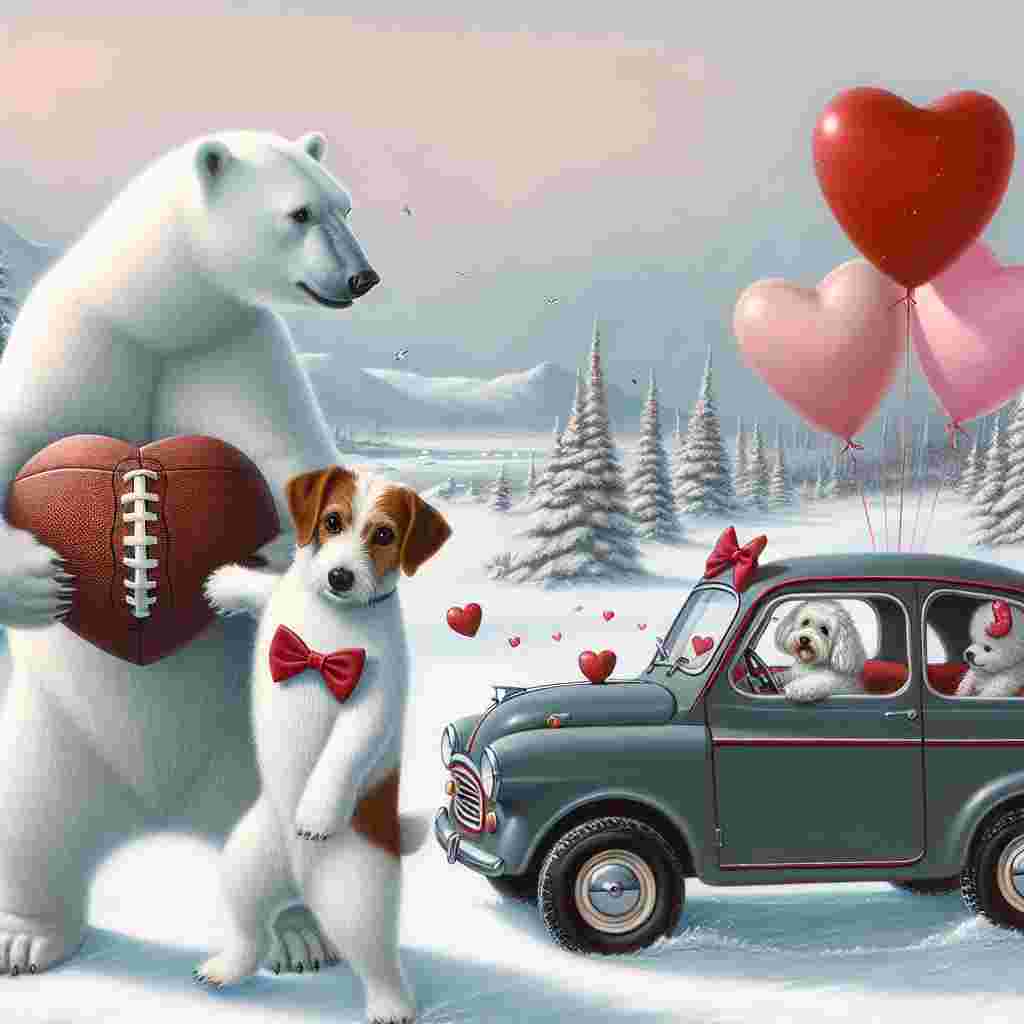 In a wintry arctic landscape, two polar bears are positioned back-to-back, each clutching a football shaped like a heart, symbolizing their innate bond. Not far off, a Jack Russell and a Cockapoo—both playfully dressed in bow ties colored red and pink—are amusingly pursuing each other around an old-style small automobile decked out in romantic heart-shaped balloons, as music of the romantic genre melodiously radiates from the vehicle's radio.
Generated with these themes: Polar bears , Jack russel, Cockapoo, Football, and Mini.
Made with ❤️ by AI.