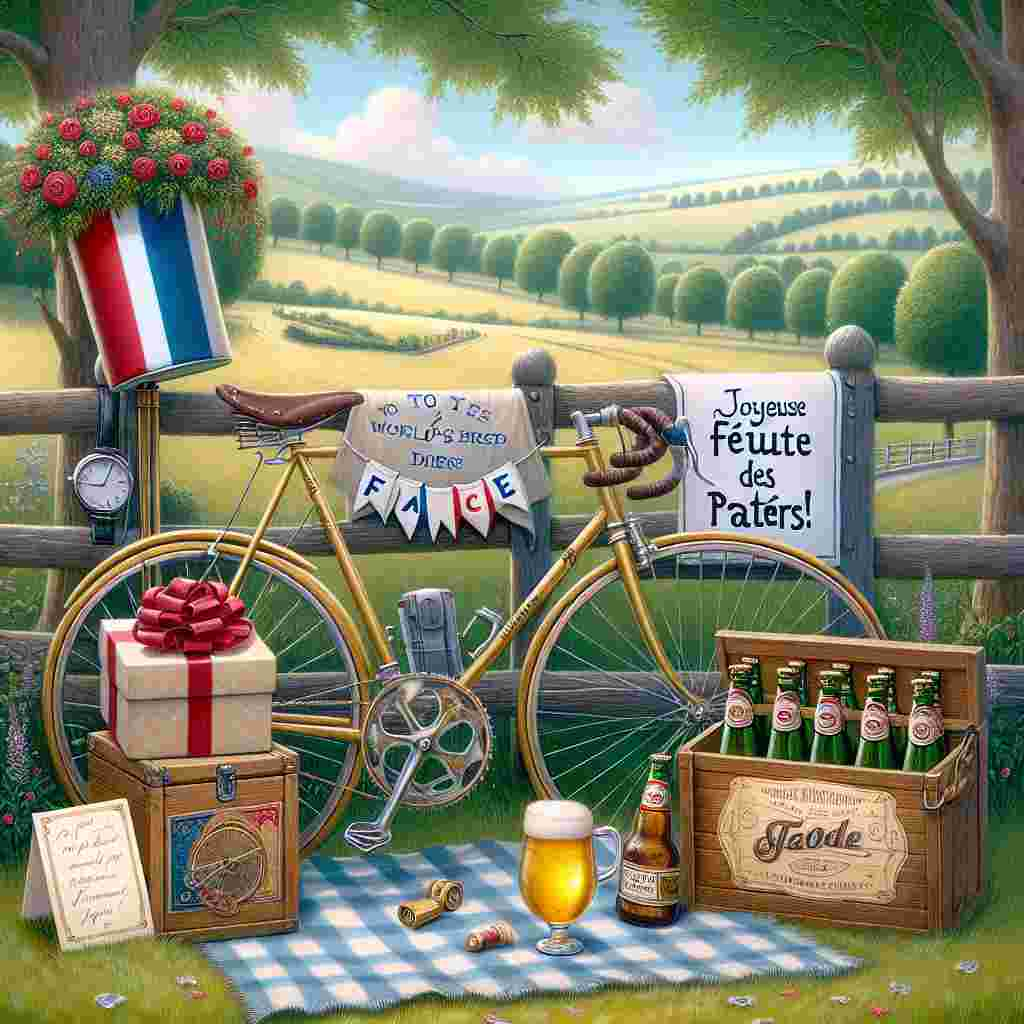 Visualize a quintessential corner of France, festooned with a charm capturing the essence of Father's Day. There's a stationary classic racing bicycle, suggestive of the Tour de France, resting against a countryside fence decorated with a banner that reads 'Joyeuse Fête des Pères'. Adjacent to it, a picnic blanket is spread out hosting a beautifully wrapped present and a carrier holding six handcrafted French beers. A note with the heartfelt message, 'To the world's greatest Dad, cheers!' lies next to them. The peaceful landscape is rounded off with tranquil rolling hills characteristic of the French countryside in the distance.
Generated with these themes: Beer, Cycling, and France.
Made with ❤️ by AI.