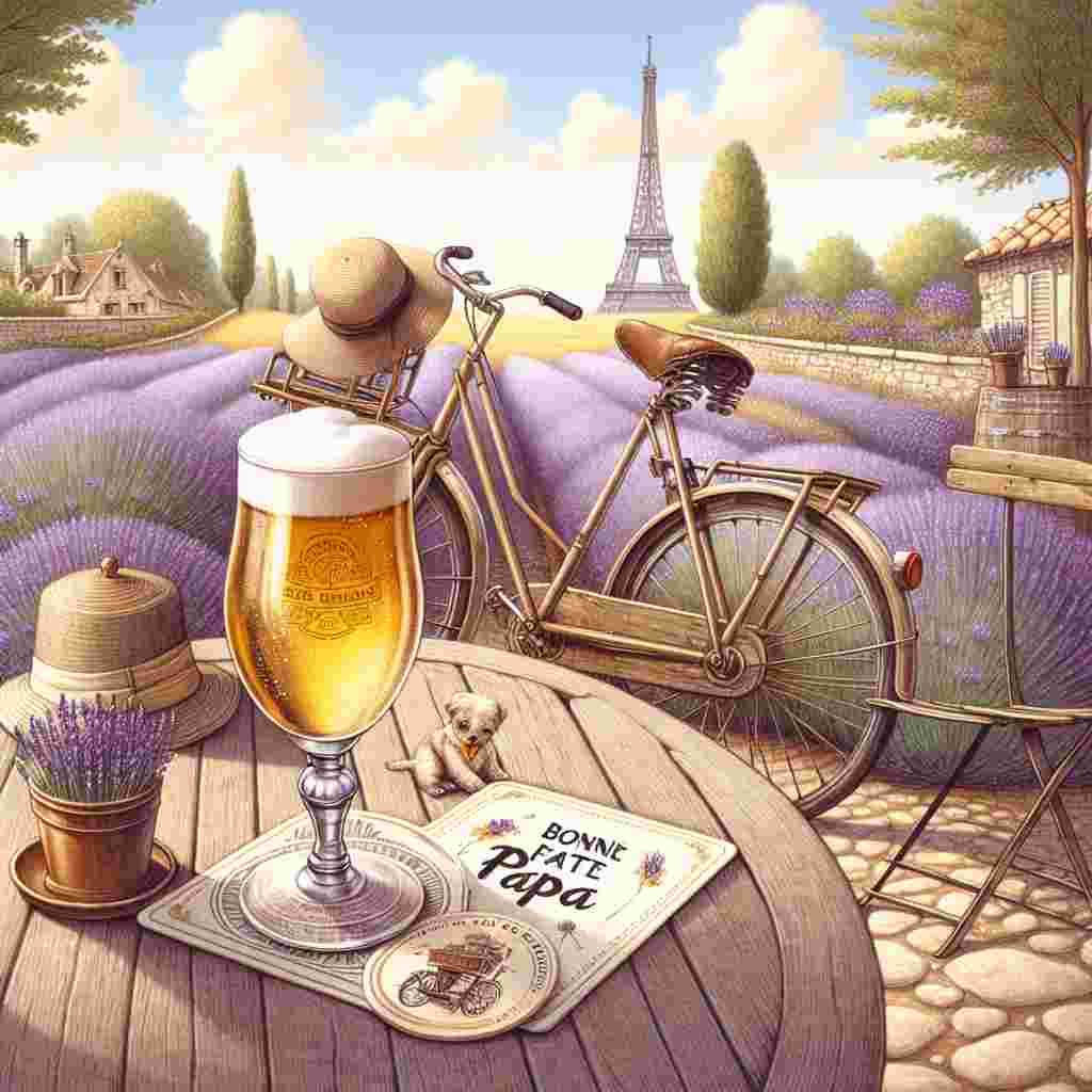 Create a charming Father's Day illustration set in a quaint French setting. The focus of the image is a vintage bicycle, devoid of a rider, propped casually against a rustic wooden table outside a small café. On the table, there is a chilled glass of beer, effervescent and inviting. Beneath the beer, there's a coaster that carries the tender message, 'Bonne Fête Papa' which translates to 'Happy Father's Day' in English. The backdrop displays sprawling lavender fields in bloom, adding to the warmth and charm of the location. A distant silhouette of the Eiffel Tower lends an unmistakably French characteristic to the image.
Generated with these themes: Beer, Cycling, and France.
Made with ❤️ by AI.