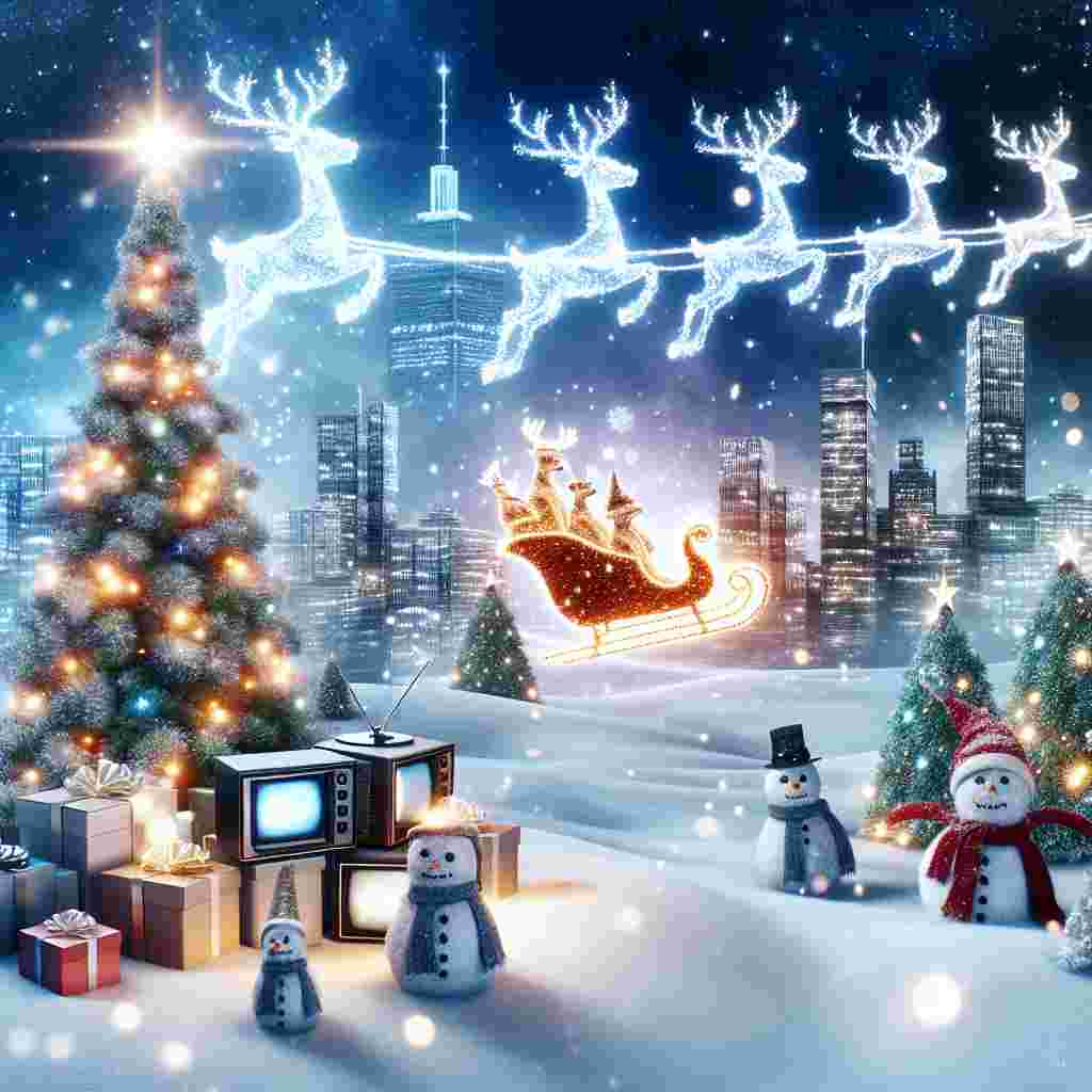 This Christmas-themed illustration presents a fantastical Manchester scene, with television cameras cleverly disguised as Christmas trees, complete with fairy lights and decorations. The ground is covered in a soft blanket of snow where snowmen mingle with elegantly wrapped presents. A sleigh glides gracefully in the sky, pulled by a magical, glowing reindeer, casting a warm light over the enchanting tableau.
Generated with these themes: Television cameras , Christmas trees, Manchester , Lights , Presents , Snowmen , Sleigh , and Illuminated reindeer .
Made with ❤️ by AI.