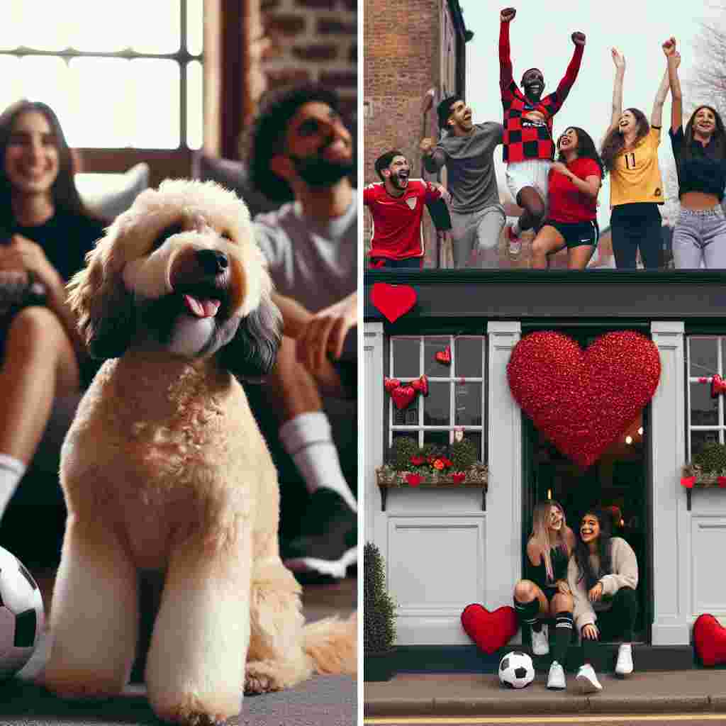 Visualize an appealing image of Valentine's Day embodying a cockapoo dog sitting adjacent to a walking football match venue. The canine's fur is adorably brushed into a heart pattern, paying tribute to the love-filled holiday. Behind the scene of the match being enthusiastically played by a diverse mix of Caucasian, Hispanic, and South Asian women, an Indian restaurant exudes joy with its facade decorated beautifully with Valentine's day embellishments. Groups of friends from various descents such as Black, Middle-Eastern, and White relish the moment, indulging in themed treats and sharing laughter, strengthening their bond amid the festive vibe.
Generated with these themes: Their cockapoo dog, Ladies walking football, An Indian restaurant , and Friends.
Made with ❤️ by AI.