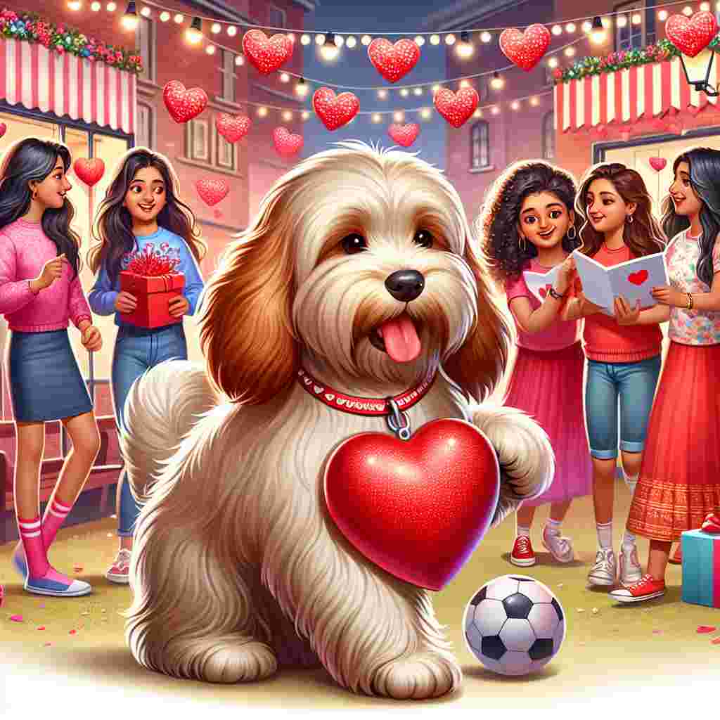 Create a delightful Valentine's Day scene showcasing a fluffy cockapoo dog at heart of the image, sporting a red heart-shaped tag and energetically wagging its tail. Around it, a diverse group of women of various descents are engrossed in a game of walking football. Provide a whimsical representation of an Indian restaurant, decked with festive lights and heart-shaped decors in the background, emanating the day's romantic essence. In the foreground, friends of different genders and descents can be seen happily exchanging Valentine's cards and gifts, contributing to the inviting, community atmosphere of the scene.
Generated with these themes: Their cockapoo dog, Ladies walking football, An Indian restaurant , and Friends.
Made with ❤️ by AI.