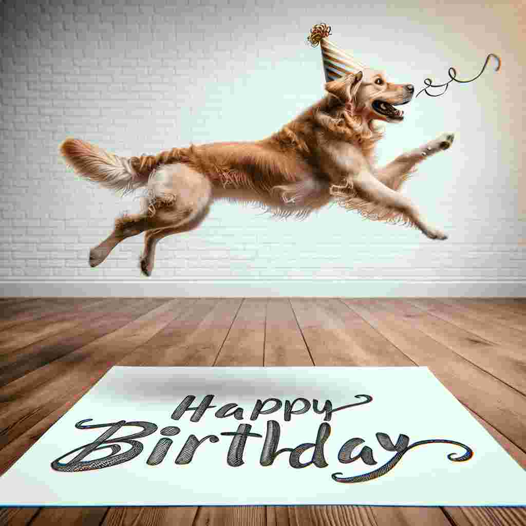 In the illustration, a cartoon golden retriever is playfully jumping with a birthday hat on, and the scene is framed with a 'Happy Birthday' greeting in a fun, handwritten font across the bottom.
Generated with these themes: Golden Retriever  .
Made with ❤️ by AI.