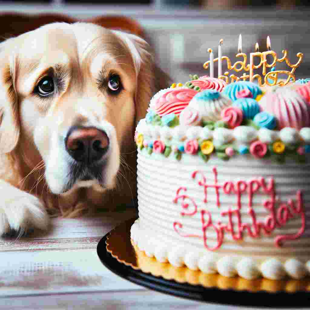 This birthday themed image showcases a cute golden retriever peeking out from behind a large birthday cake, with the words 'Happy Birthday' written in icing on the cake itself.
Generated with these themes: Golden Retriever  .
Made with ❤️ by AI.