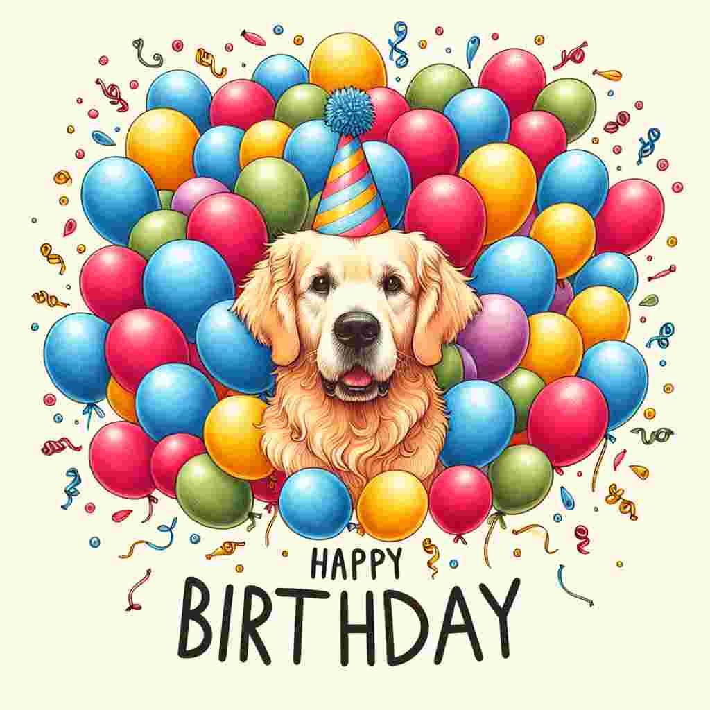 A golden retriever sits in the center of the illustration with a party hat on its head, surrounded by colorful balloons. On top of the image, in cheerful, bold letters, the text 'Happy Birthday' is emblazoned.
Generated with these themes: Golden Retriever  .
Made with ❤️ by AI.