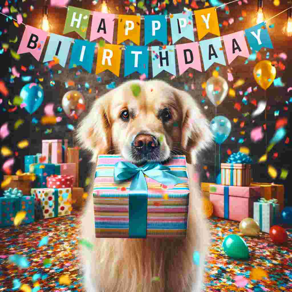 The illustration features a fluffy golden retriever holding a birthday present in its mouth, with a vibrant 'Happy Birthday' banner above. Confetti is sprinkled around the scene, creating a festive atmosphere.
Generated with these themes: Golden Retriever  .
Made with ❤️ by AI.