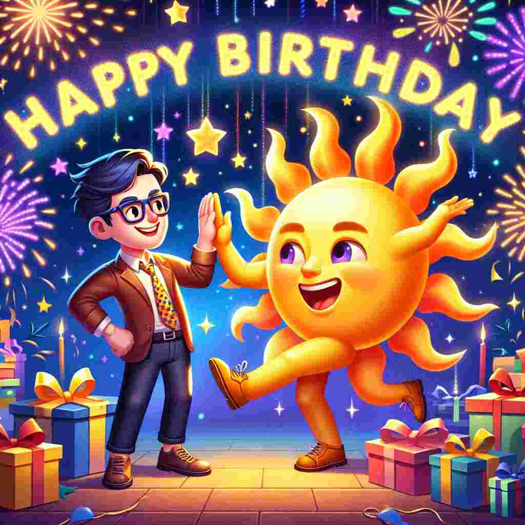 A vibrant digital illustration presenting a character styled as the son, high-fiving a cartoon '18' figure surrounded by gifts. The background is a burst of colorful fireworks with the 'Happy Birthday' message twinkling like stars in the night sky above them.
Generated with these themes: son 18th  .
Made with ❤️ by AI.