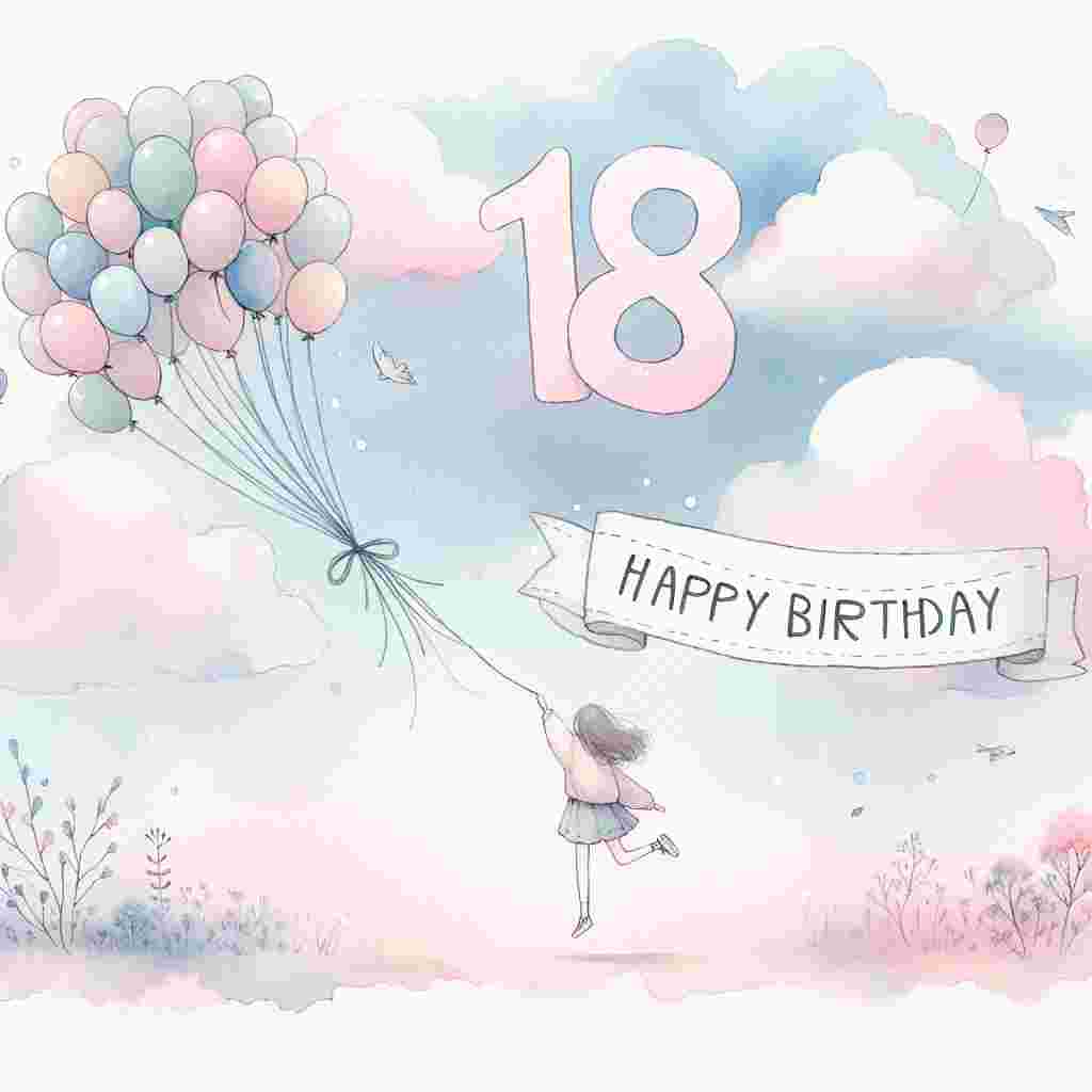 A whimsical watercolor illustration showcases a soft pastel landscape where a character resembling the son floats away with a bunch of balloons shaped like the number '18'. A banner with the text 'Happy Birthday' is partially hidden by fluffy clouds, adding a dreamlike quality to the scene.
Generated with these themes: son 18th  .
Made with ❤️ by AI.