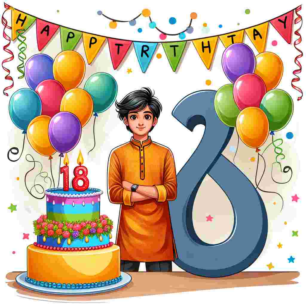 A cheerful illustration depicting a young man standing beside the number '18' adorned with colorful balloons and streamers. In the background, a banner with the text 'Happy Birthday' drapes across the top corner, while a cute cake with candles sits on a table nearby, waiting to be blown out.
Generated with these themes: son 18th  .
Made with ❤️ by AI.