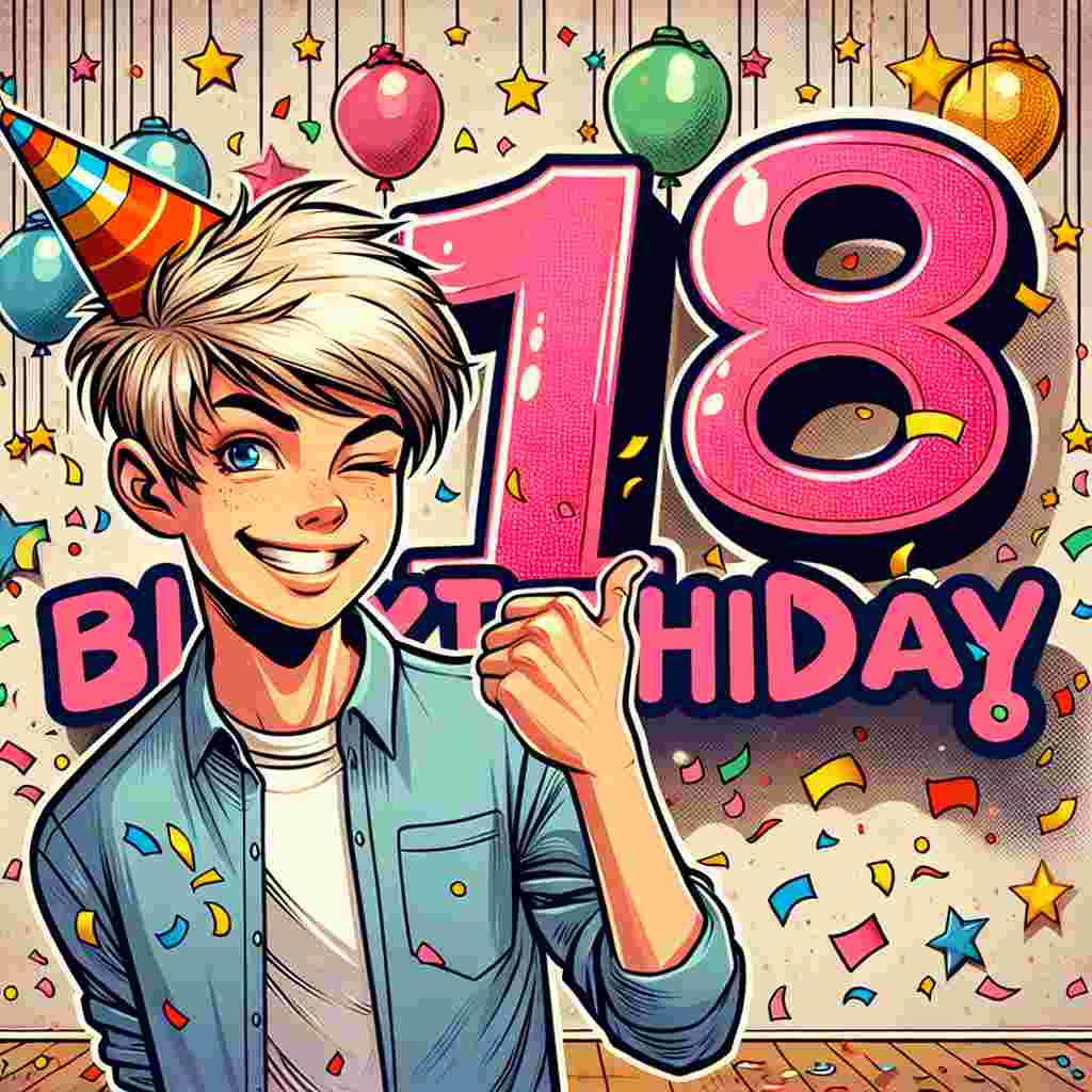 An adorable scene with a comic style drawing of a boy wearing a party hat, winking and giving a thumbs up beside a giant '18'. Confetti falls around him, and behind, a wall is decorated with hanging stars and the phrase 'Happy Birthday' emblazoned in bold, fun lettering.
Generated with these themes: son 18th  .
Made with ❤️ by AI.