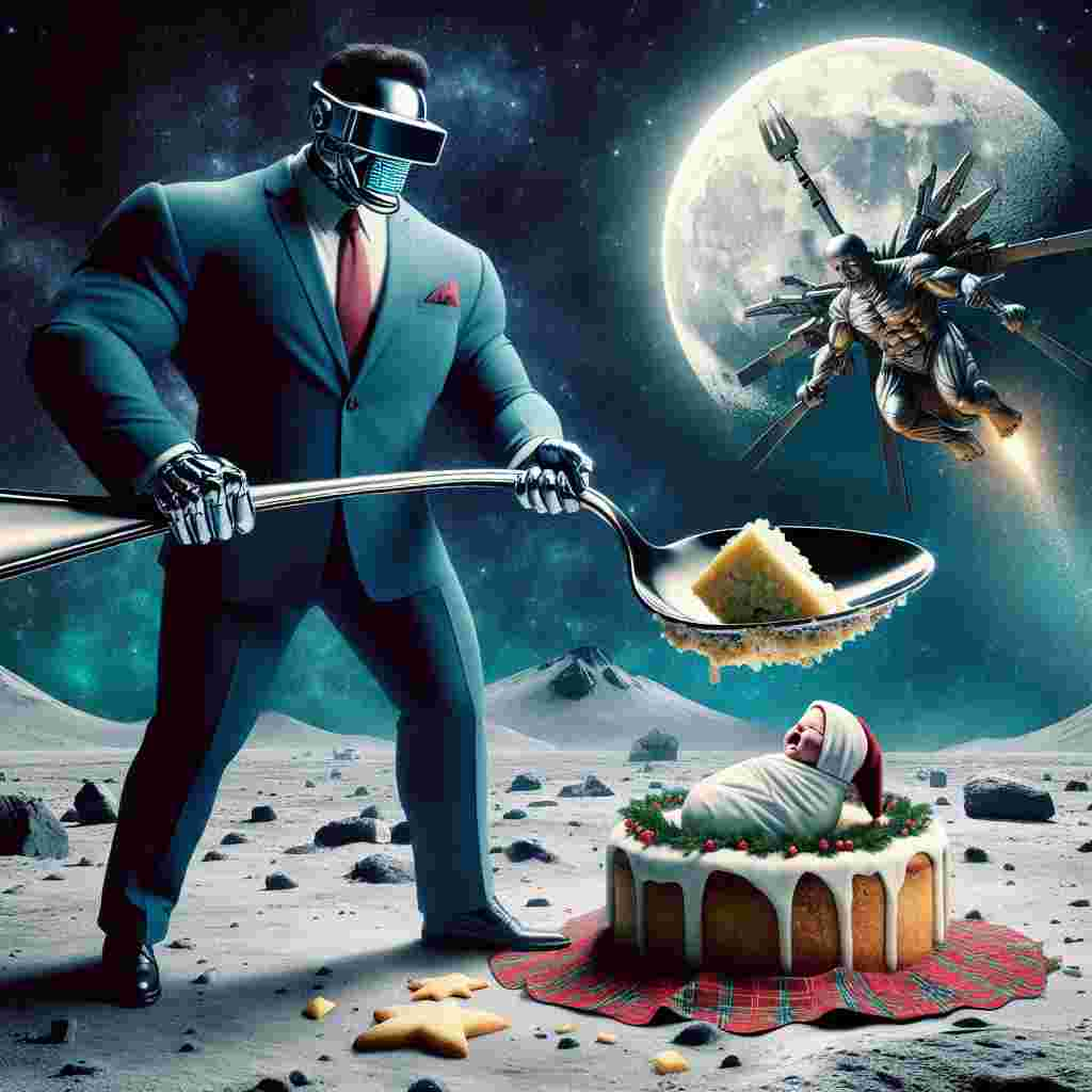 In this Christmas-themed surreal illustration, a festive and forbidding scenario unfolds on the moon. Here, Donald Trump, reimagined with exaggerated muscles, wields an elongated spoon to offer Baby Jesus a delectable piece of Christmas cake. The surrounding moonscape is bathed in a ghostly light, punctuated by the sight of Earth on a devastating collision course, adding an ominous backdrop to the celestial feast.
Generated with these themes: Baby Jesus being fed Christmas cake by Donald trump with a very long spoon, On the moon, Donald trump is really muscular , and Moon on a collision course with earth.
Made with ❤️ by AI.