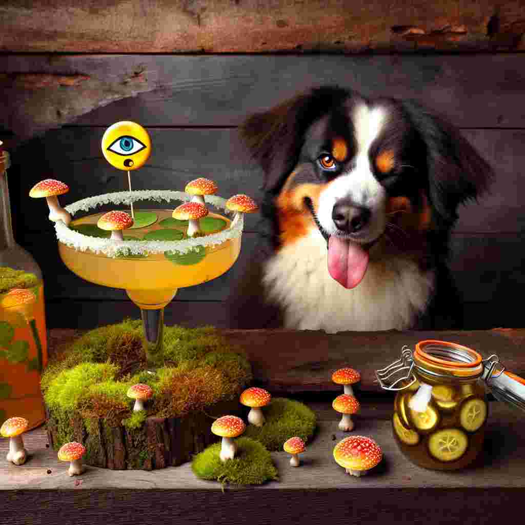 In an enchanting birthday celebration, spicy margaritas are settled on a bed of moss, encircled by tiny toadstools. An endearing Burnese Mountain Dog, displaying a mischievous wink, hinting at floating protective talismans that resemble eyes common in various cultures. A jar of pickles teeters at the brink of the table, infusing the scene with a peculiar allure.
Generated with these themes: Toadstools, Evil eye, Spicy margaritas , Burnese mountain dog, and Pickles.
Made with ❤️ by AI.