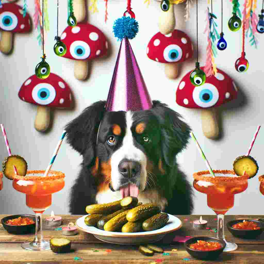 Create a captivating image that embodies the spirit of a birthday celebration. In the forefront, place a Burnese Mountain Dog, presented in a festive manner, wearing a party hat and fixated on a plate full of pickles. The dog is positioned by a table that is decked with glasses of spicy margaritas. Further adorn the scene with overhead accessories comprising of strings from which hang  stylized toadstools and evil eye charms, all contributing to the whimsical and vibrant ambiance of the occasion.
Generated with these themes: Toadstools, Evil eye, Spicy margaritas , Burnese mountain dog, and Pickles.
Made with ❤️ by AI.