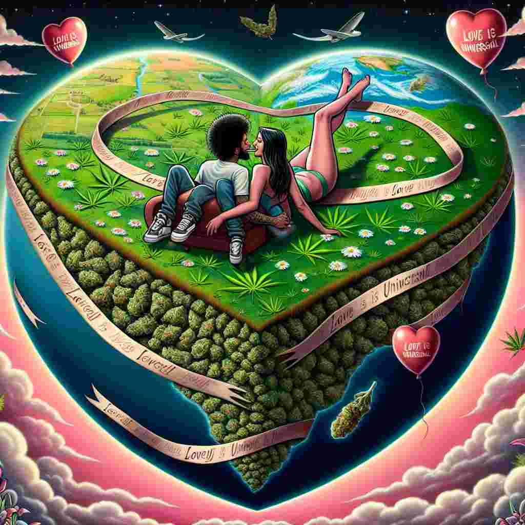 Visualize a romantic scene on an Earth-shaped like a heart, encircled by a ribbon with the inscription 'Love is Universal'. A couple, a Hispanic man and a Middle Eastern woman, cozy up at the brim, their legs playfully hanging over the edge as they engage in a tranquil moment while sharing a joint. The panorama is a mosaic of verdant fields and roseate skies, speckled with marijuana leaves and daisy flowers. Hovering above, heart-shaped balloons encapsulate the intertwined connotations of romantic love, Valentine's Day, and the odd coupling of a flat earth mindset with weed culture.
Generated with these themes: Flat earth , and Weed.
Made with ❤️ by AI.