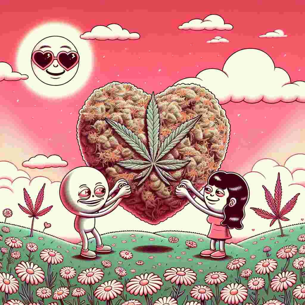 Create an illustration embodying the spirit of Valentine's Day. The image should depict a whimsical, slightly upturned earth resembling a heart. At the heart of this image are two cartoonish characters of unspecified descent and gender, locked in a tender hand-holding moment. They stand in a field abundant with daisies, subtly interlaced with cannabis leaf patterns. Overhead, the sky transitions from romantic hues of pinks to reds. It is dotted with fluffy white clouds and features a smiling sun sporting heart-shaped sunglasses.
Generated with these themes: Flat earth , and Weed.
Made with ❤️ by AI.