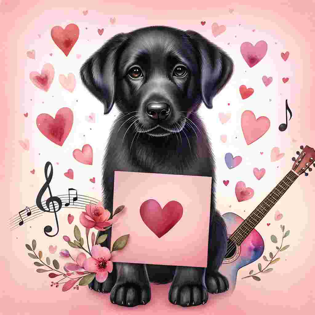 Create a charming image filled with affection. A black Labrador is the main subject, its ears perked and alert, surrounded by floating hearts and musical clefs against a gentle pink backdrop. The dog's eyes radiate with a spark of joy as it holds a Valentine's card in its paws. The essence of a love song subtly present in the scene from a watercolor-painted guitar that rests against a nearby tree.
Generated with these themes: Black labrador, and Music.
Made with ❤️ by AI.